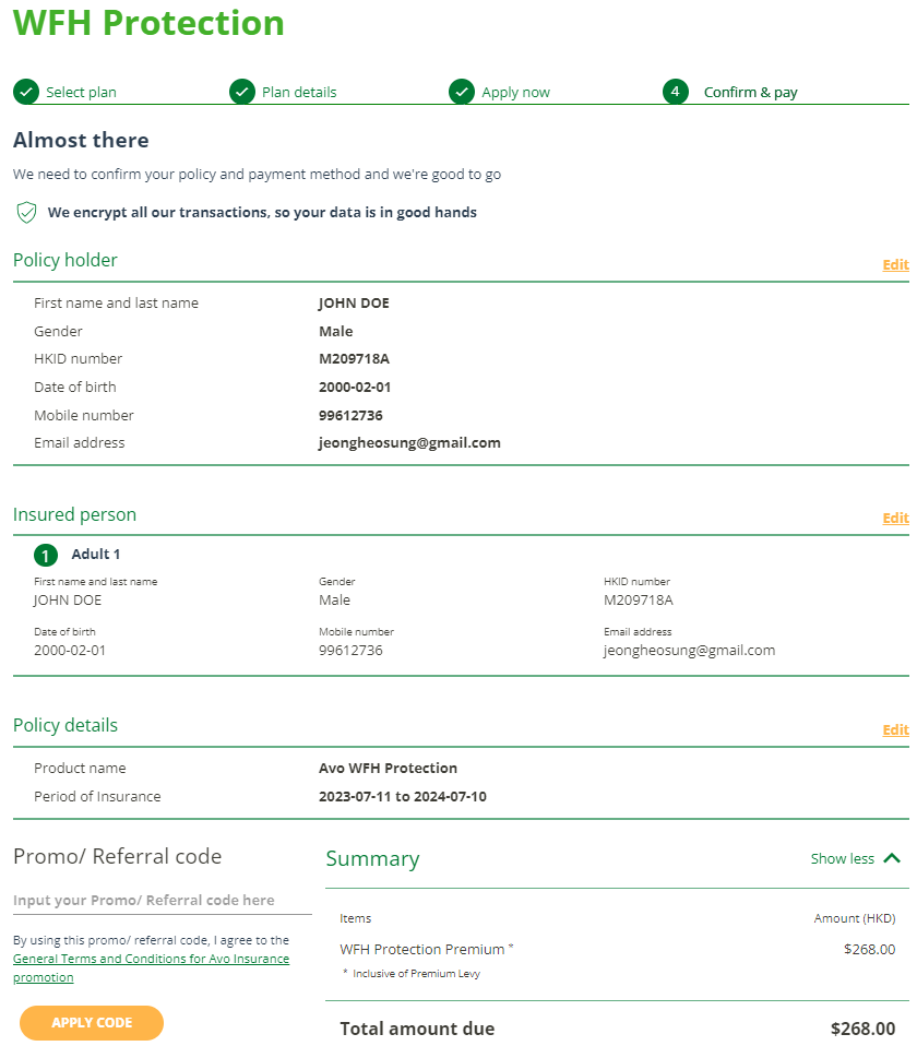 Avo Insurance app screen
